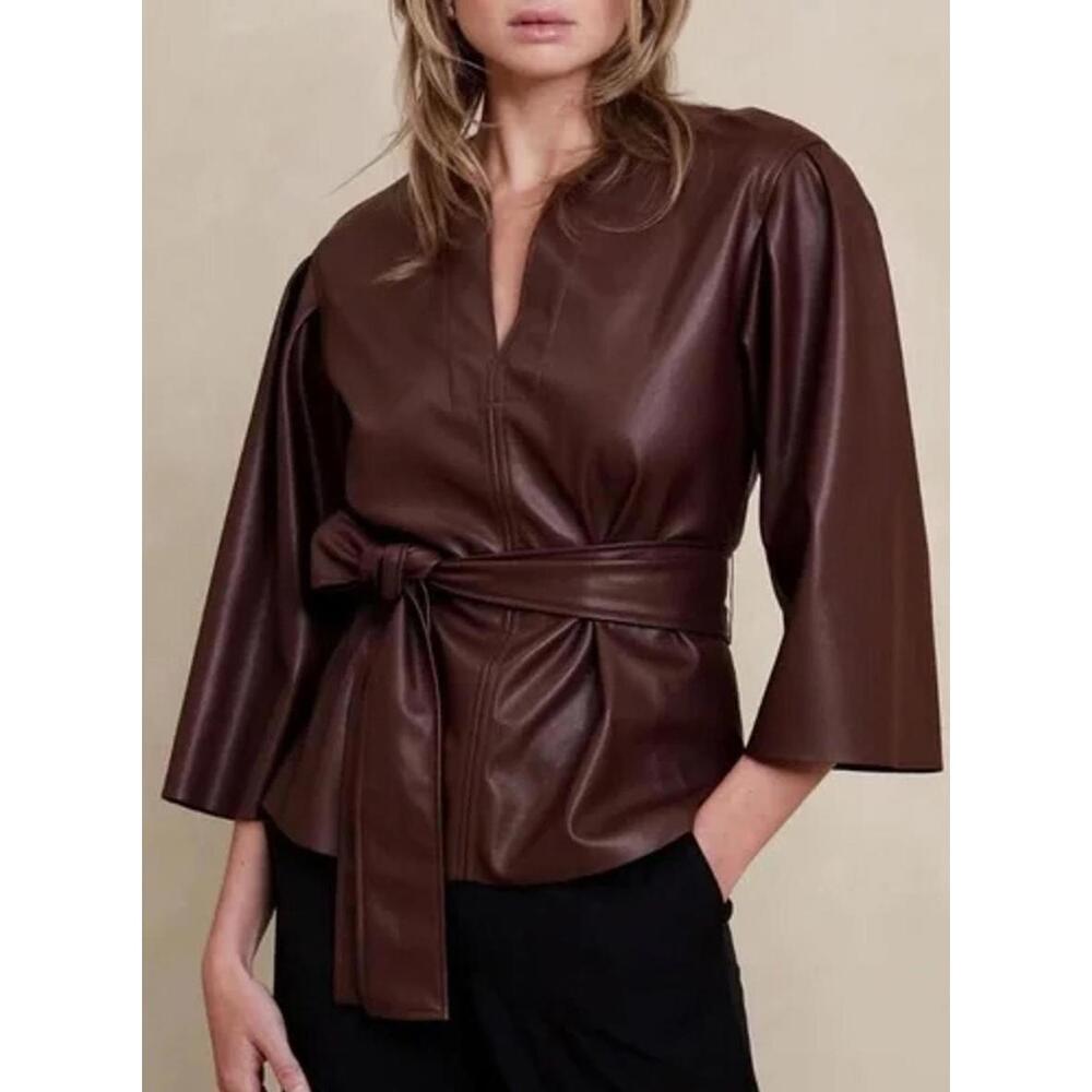 Chic Brown Faux Leather Wrap Top by Banana Republic